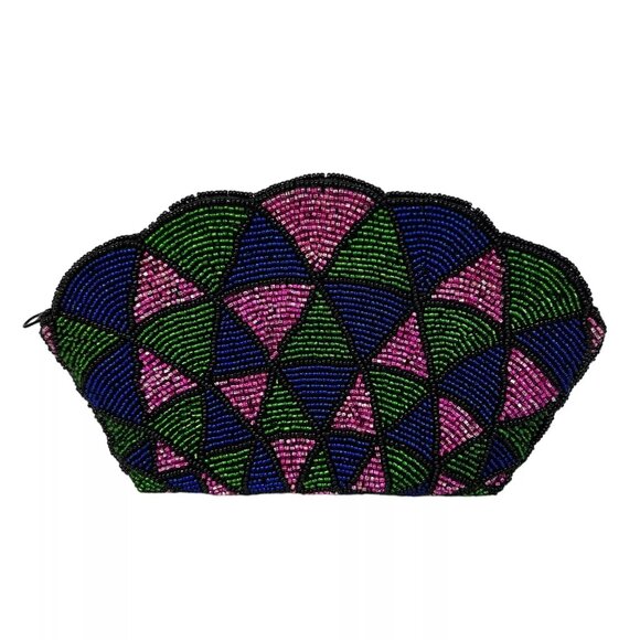 Vintage 80's Neiman Marcus Hand Beaded Shell Shaped Geometric Clutch With Zipper - Picture 3 of 11